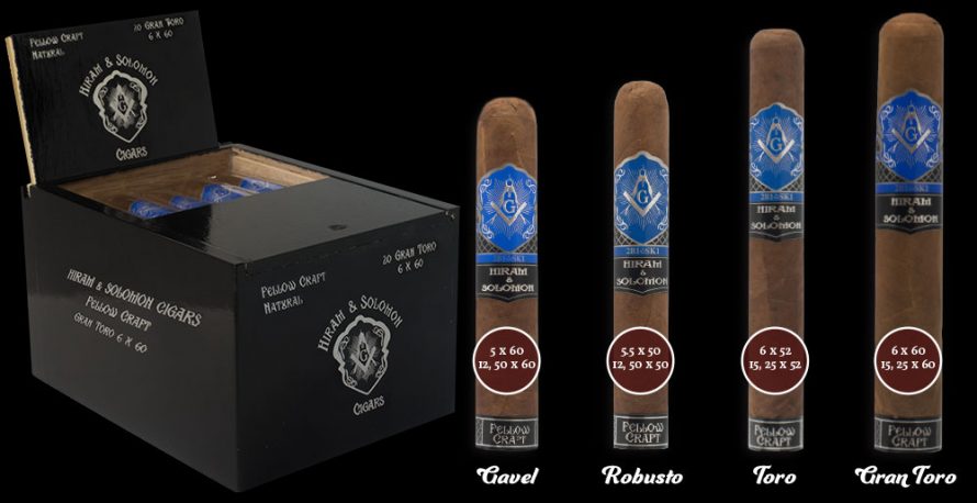 The Hiram & Solomon Fellow Craft Robusto is described as a medium to full body blend with a Habano Oscuro wrapper, Indonesian Sumatra binder, and Habano Jalapa, Habano Ometepe, and Ligero Habano Estelí fillers. It comes in four vitolas:  Gavel: 5x60, Robusto: 5.5x50, Toro: 6x52, and Gran Toro: 6x60.  Fellow Craft is named for the second of three masonic degrees. The Masonic Cigars series ranges from Entered  Apprentice (mild body), to Fellow Craft (medium body), and finishes with Master Mason (full body).